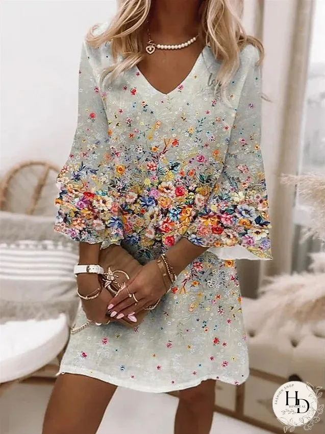 Casual Dress Summer Dress Print Dress Graphic Floral Ruffle Print V Neck Ruffle Sleeve Mini Dress Fashion Streetwear Outdoor Daily 3/4 Length Sleeve Loose Fit White Red Blue Summer Spring S M for Women