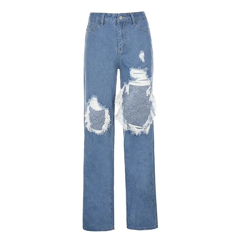 2021 Ripped Straight Women's jeans Baggy Vintage High Waist Boyfriends Mom y2k Denim Distressed Streetwear Female Bo lun