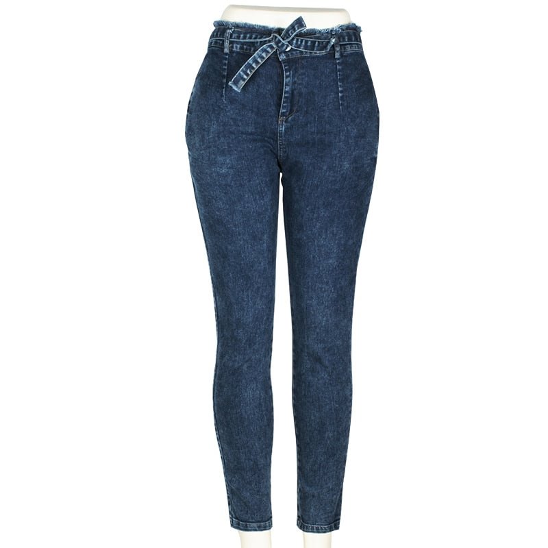 CHRLEISURE High Waist Jeans Women Streetwear Bandage Denim Jeans Femme Pencil Pants Skinny Casual Jeans Woman