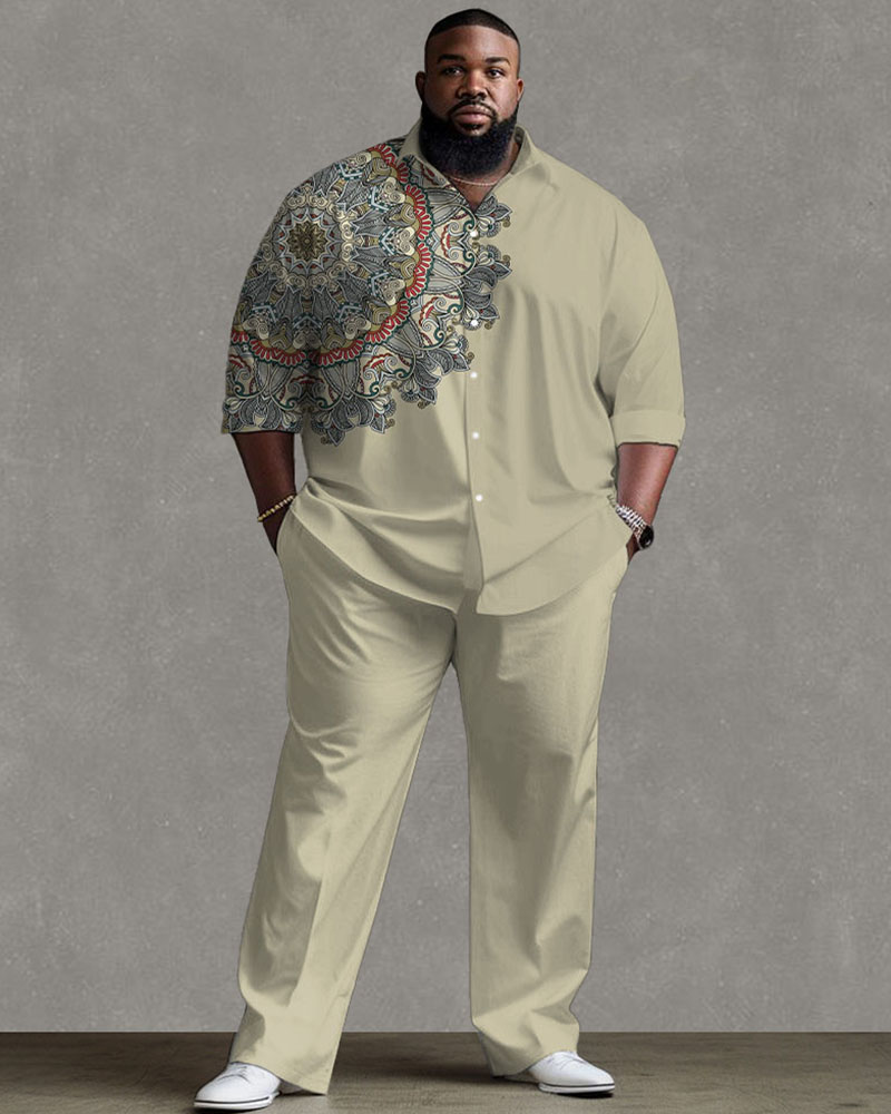 Men's Plus Size Daily Casual Simple Shoulder Vintage Print Long Sleeve Shirt Trousers Suit
