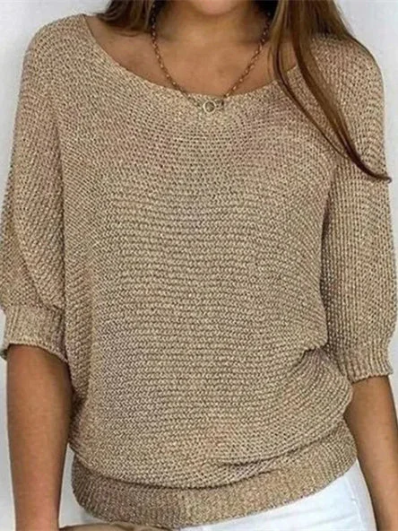 Women plus size clothing Women 3/4 Sleeve Scoop Neck Knitted Sweater Soild Tops-Nordswear