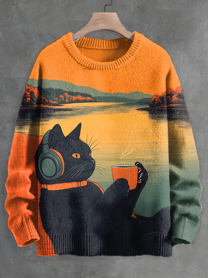Men's Sunset Black Cat Music Coffee Nature Print Knit Sweatshirt