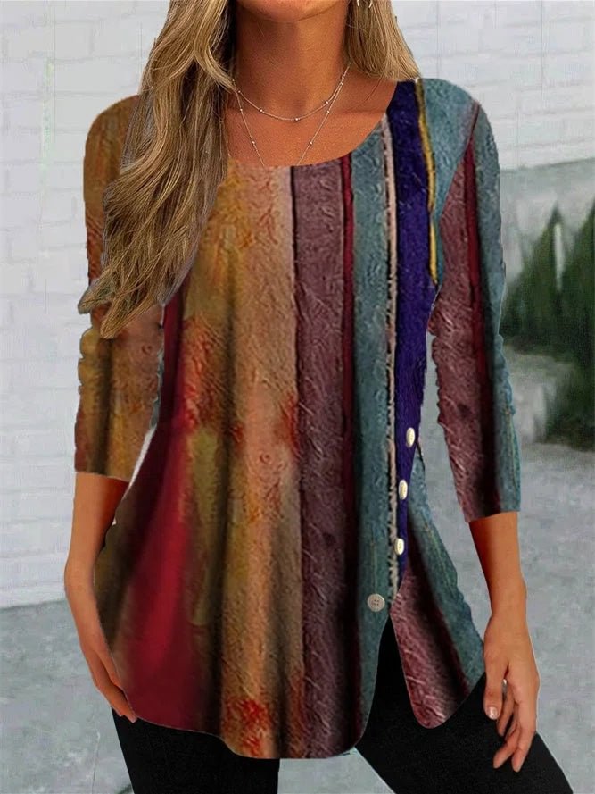 Women Long Sleeve Scoop Neck Printed Striped Women Tops