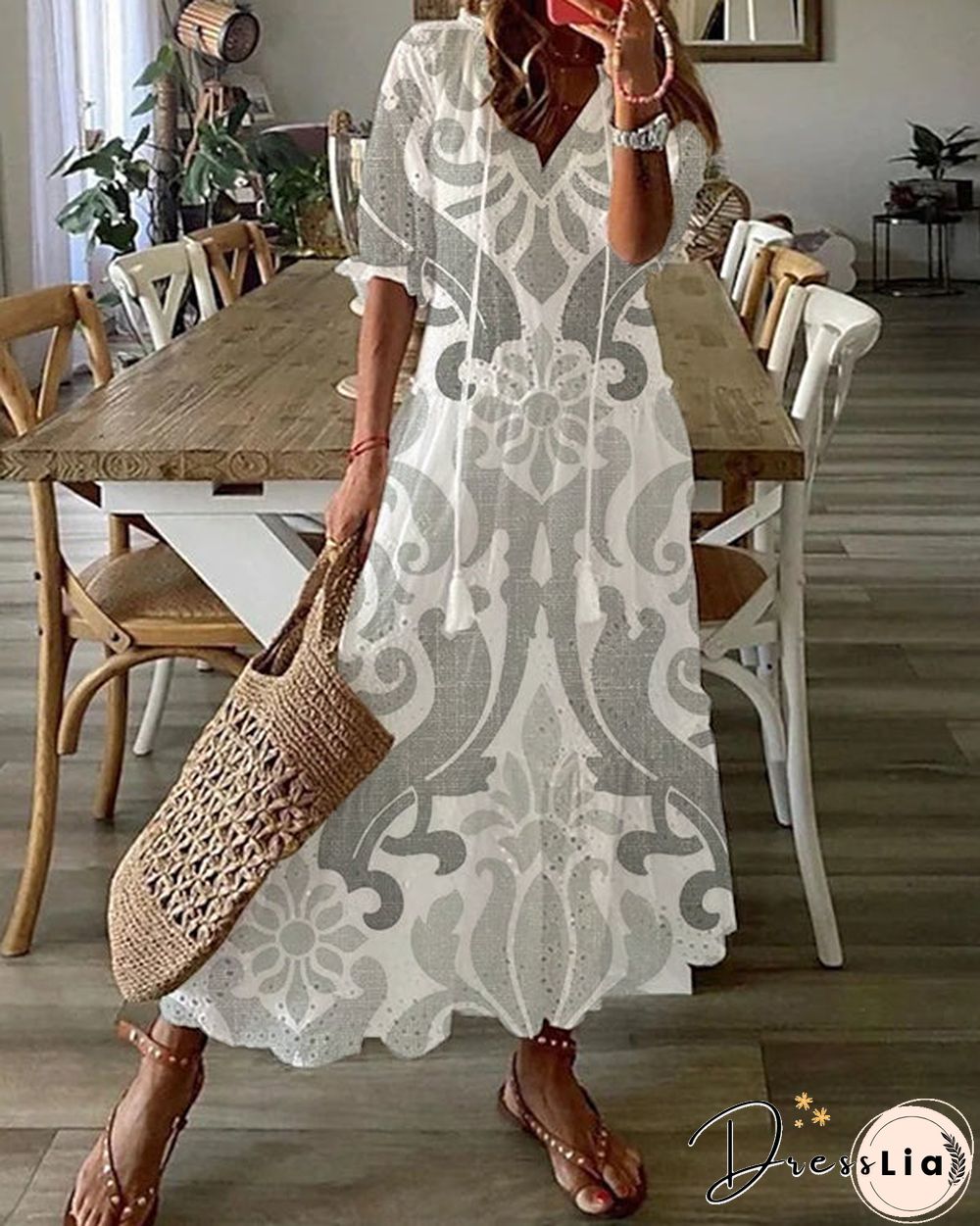 Bohemian V-Neck Print Drawstring Short Sleeve Midi Dress