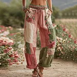 Love & Health Collection Retro Rose And Floral Patchwork Art Linen Pants - Image 2