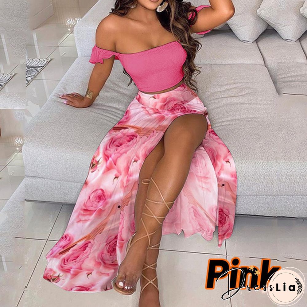 Newest Fashion Summer Women Elegant Two Pieces Sets Cropped Top & Split Skirt Temperament Drop-Shoulder Frilled Top And High Waist Split Dress