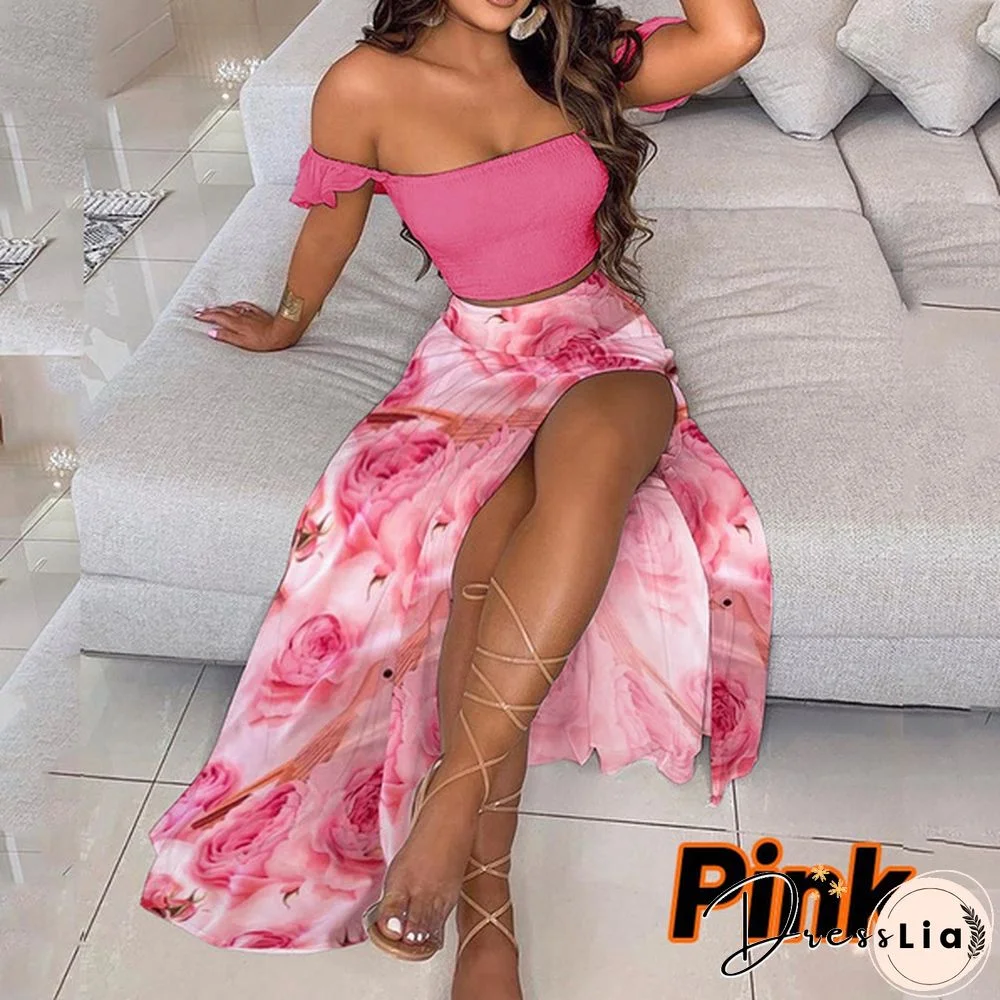 Newest Fashion Summer Women Elegant Two Pieces Sets Cropped Top & Split Skirt Temperament Drop-Shoulder Frilled Top And High Waist Split Dress