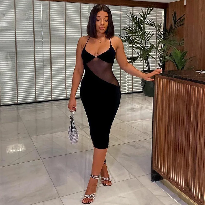 BIIKPIIK Halter Charming Midi Dress Women Sexy Sleeveless Patchwork Black Knee-length Slim Female Partywear Fashionable Dresses