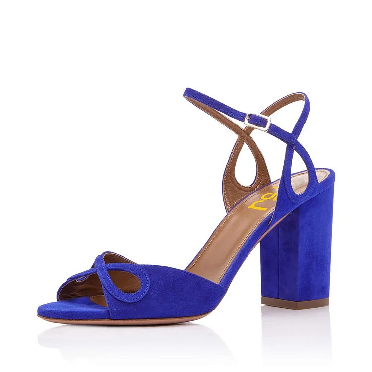 Women's Royal Blue Vegan Suede Chunky Heels Ankle Strap Sandals For Prom |FSJ Shoes