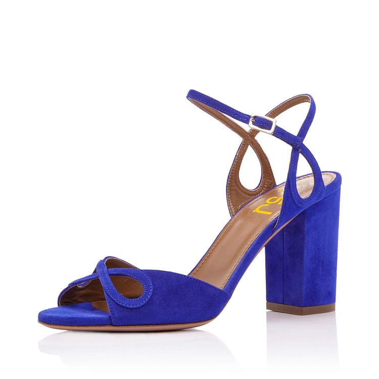 Women's Royal Blue Suede Chunky Heels Ankle Strap Sandals For Prom |FSJ Shoes
