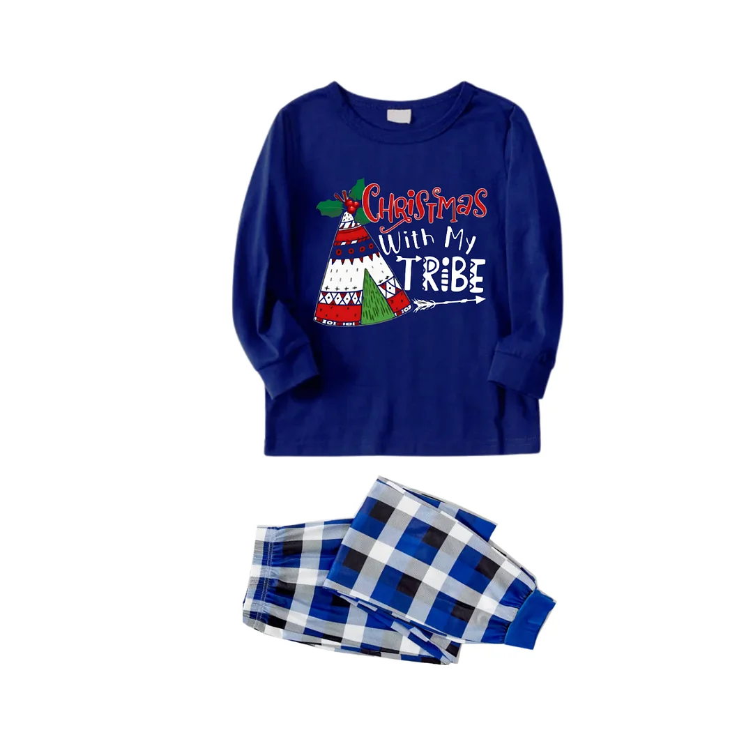 "Christmas With My Tribe" Text Printed Blue and White Plaid Family Matching Pajamas