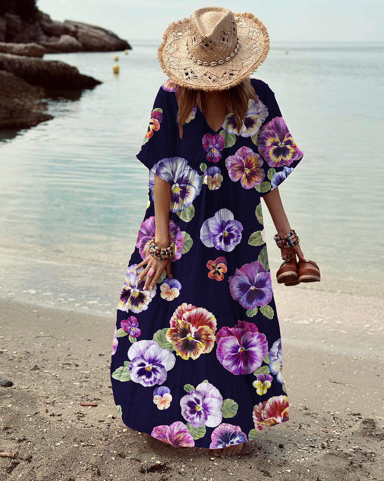 Women's V-Neck Purple Floral Print Beach Dress socialshop