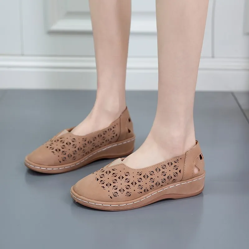 Yyvonne Casual Flat-Bottomed Hollow Hole Shoes Women Retro Round Head Pedal Lefu Shoes Lazy Single Shoes