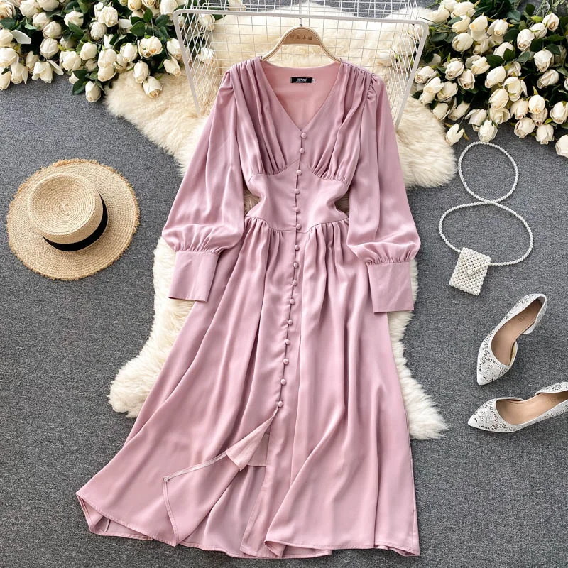 Croysier Dresses For Women 2021 Evening Party Elegant Satin Dress Spring Autumn V Neck Long Sleeve Buttoned Office Midi Dress