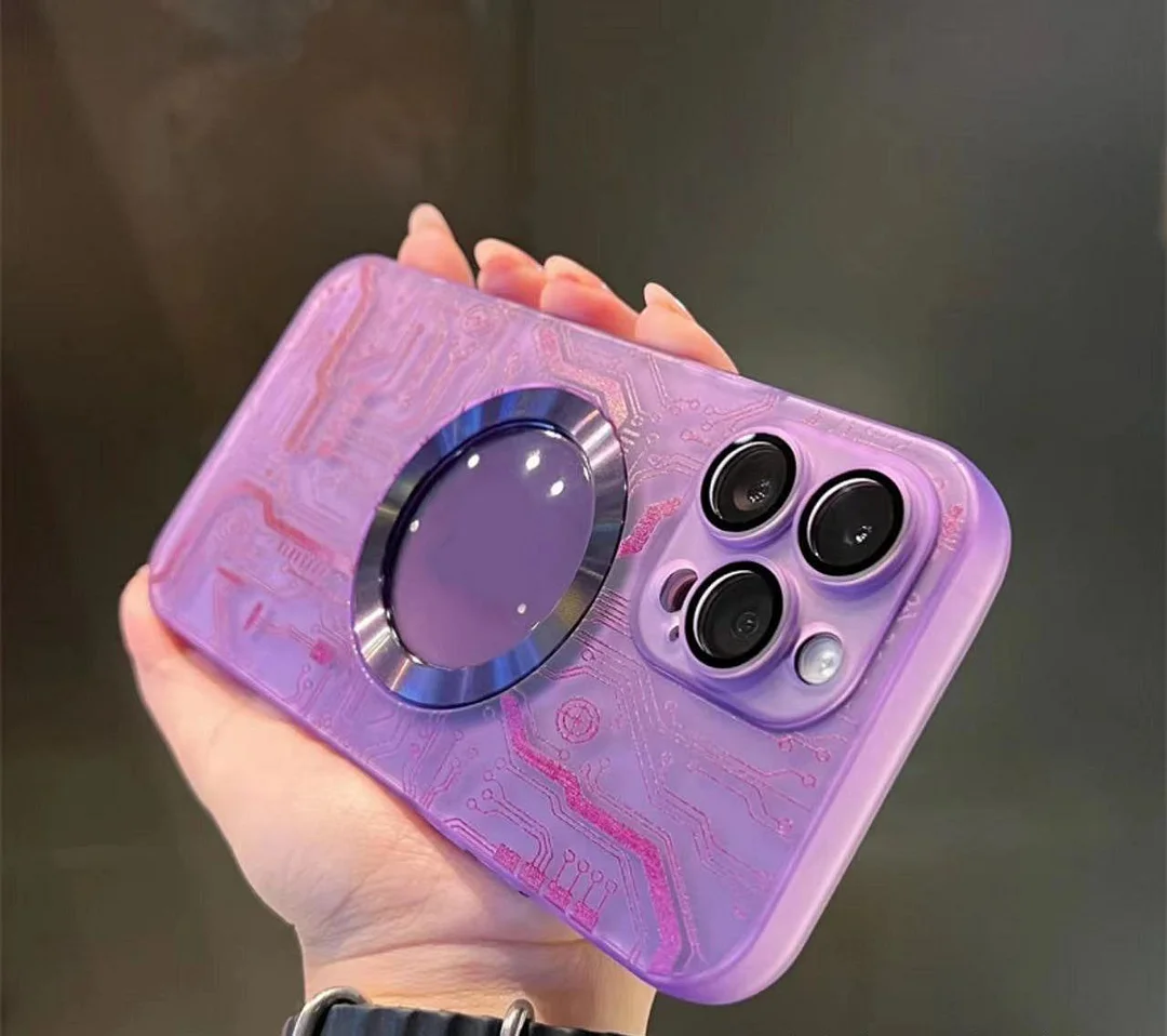 Magnetic iPhone case with mirror and exposed circuit board