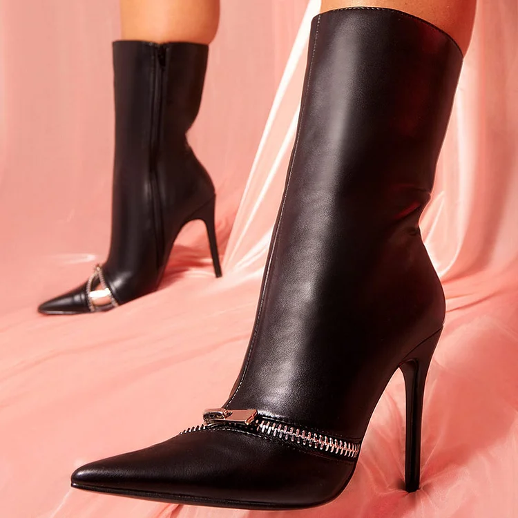 Women's Black Stiletto Heel Pointed Toe Zipper Design Mid-Calf Boots |FSJ Shoes