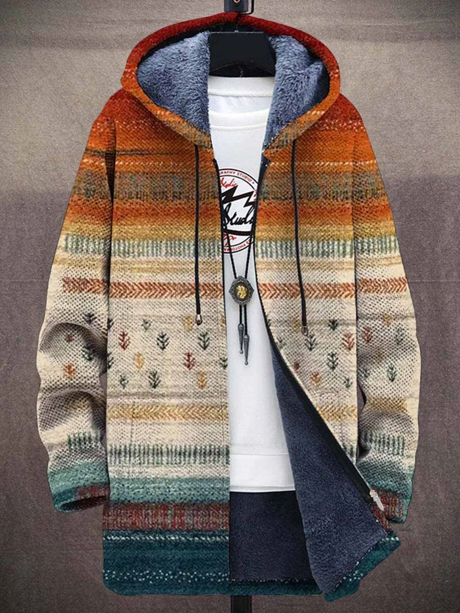 Men's Retro Art Print Plush Thick Long-Sleeved Sweater Coat Cardigan