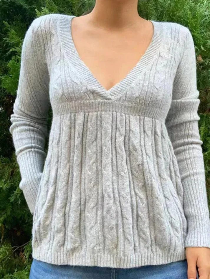 Brownm Solid V Neck Crochet A Line Hem Sweater