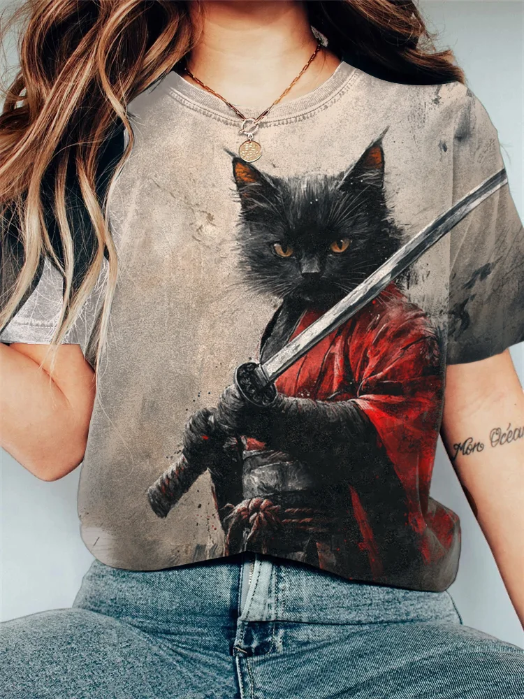 Women's Black Cat Samurai Ink Art Print Casual T-Shirt