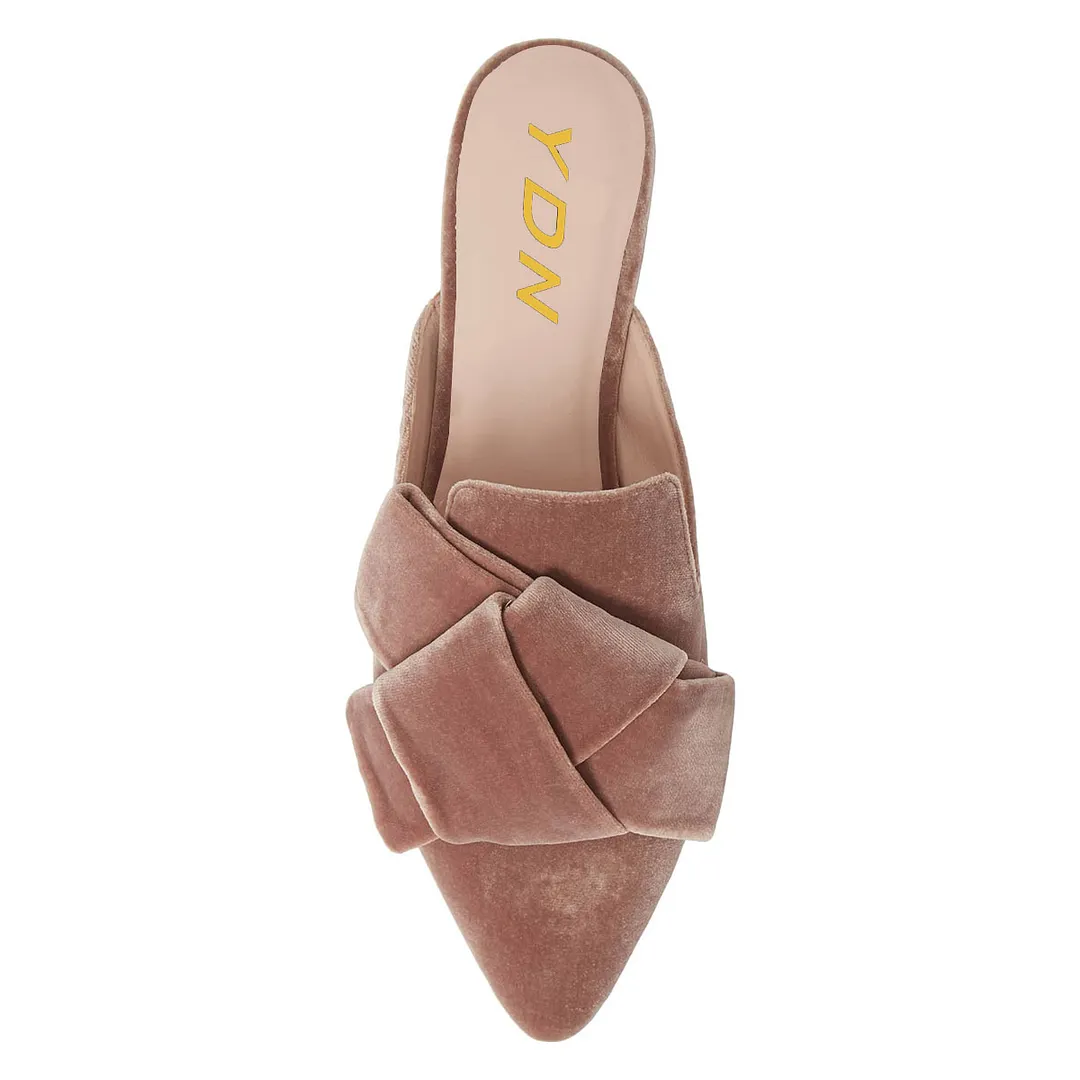 Blush Velvet Pointed Toe Knot Flat Comfortable Mules for Women