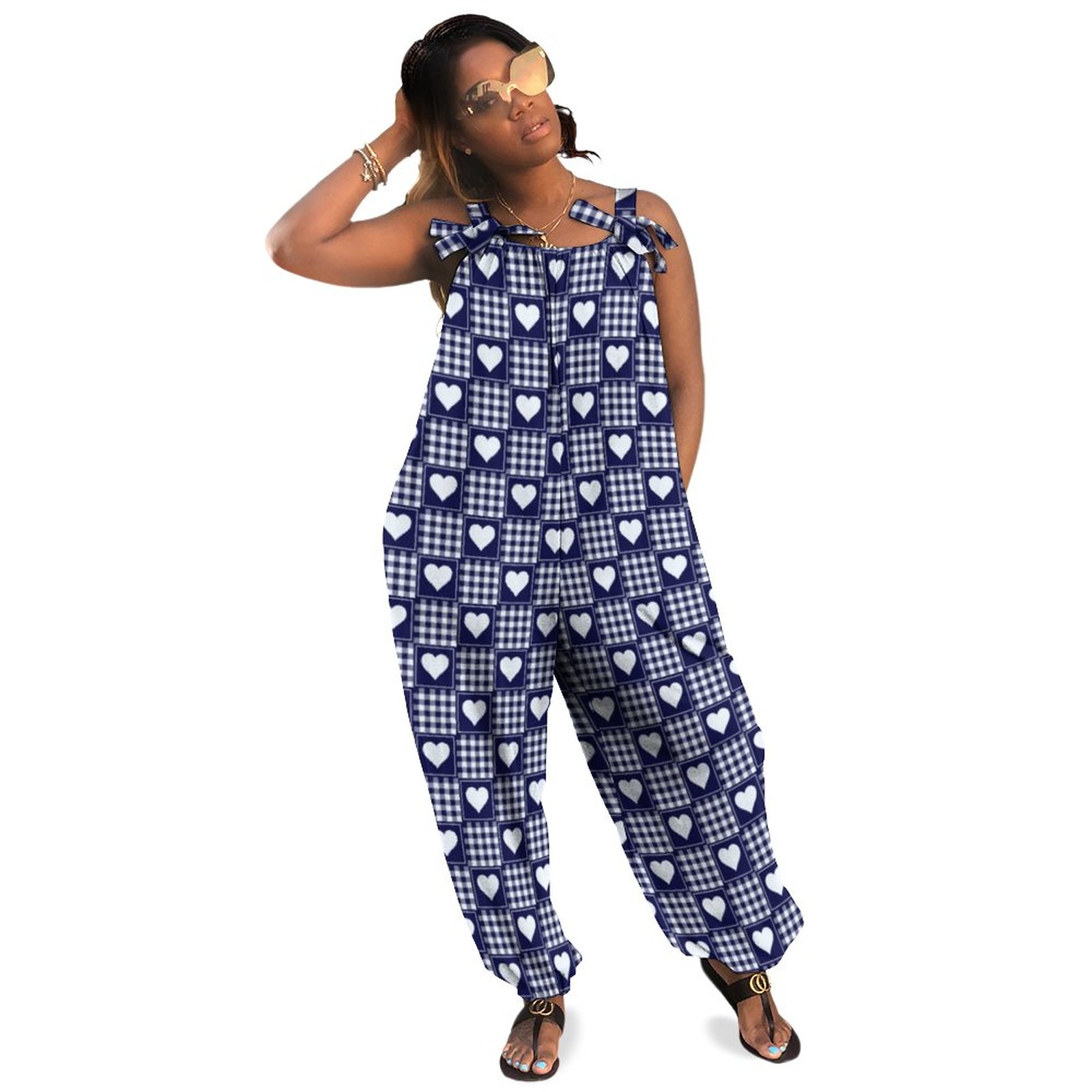 Navy Blue And White Buffalo Plaid With Hearts Boho Vintage Loose Overall Corset Jumpsuit Without Top
