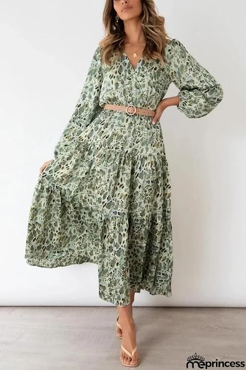 Print Belted Long Sleeve Maxi Dress