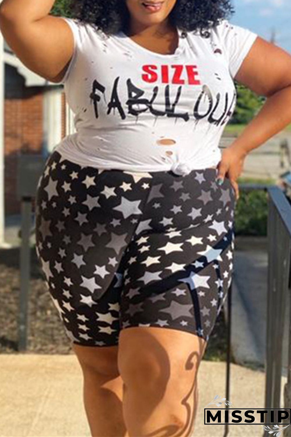 Black Fashion Casual Print Hollowed Out O Neck Plus Size Two Pieces