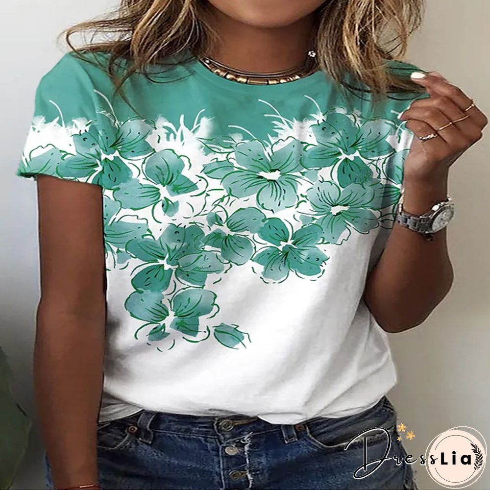 Summer New 3D Printing Ladies Casual Floral Theme Painting T-Shirt Printing Round Neck Soft Fashion Women's Clothing