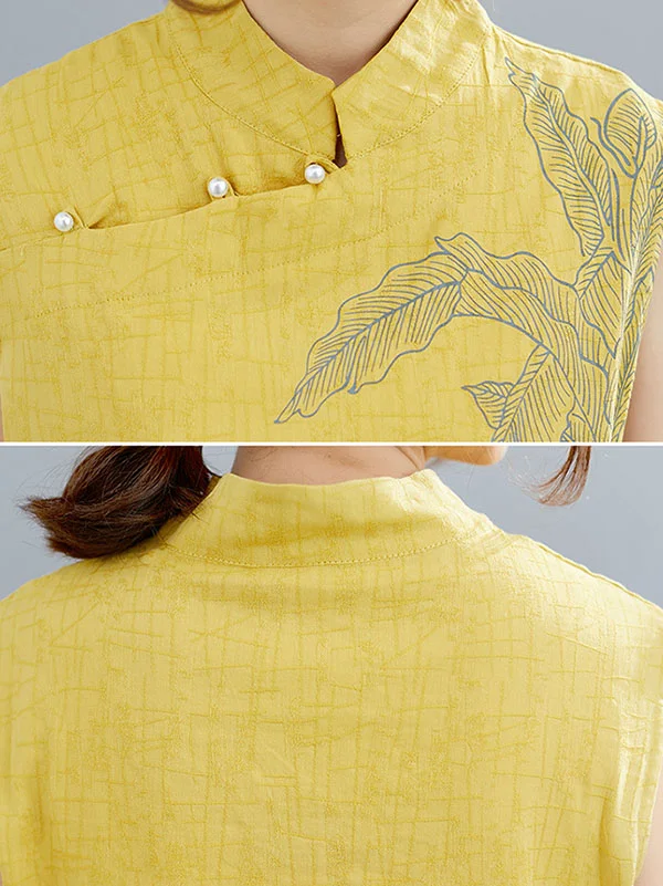 Artistic Retro Chinese-Style Printed Buttoned Stand Collar Sleeveless Vest