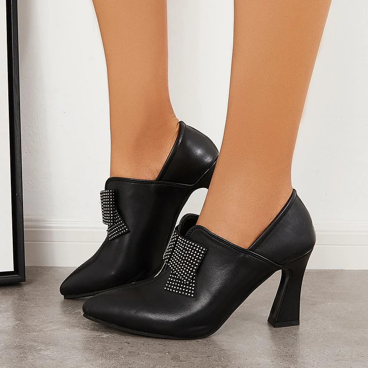 Rhinestone Bowknot Solid Color Chunky Heel Dress Pumps