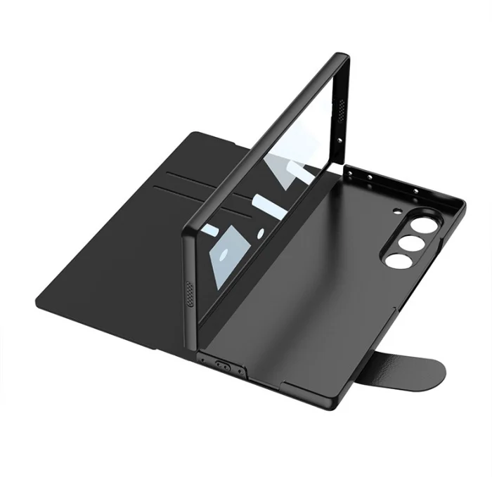 Samsung Z fold6 mobile phone case plain leather bracket folding screen anti-fall flip cover leather case shell film integrated pen slot