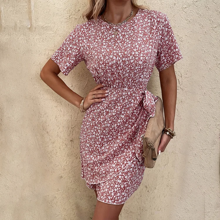 Fashion Floral Temperament Elegant Round Neck Tie Waist Casual Dress