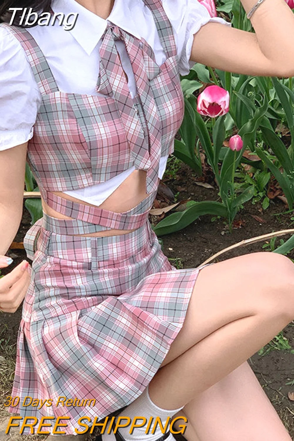 Tlbang Sexy Two Piece Skirt Set Women Patchwork Plaid Korean Fashion Skirt Suit Female Casual Japanese Party Mini Skirt Set 2023