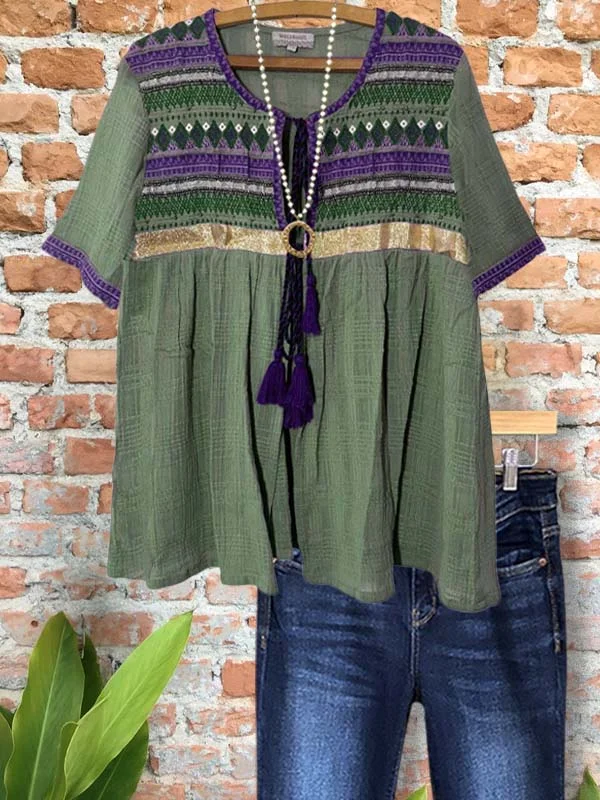 Casual Retro Embroidery Short Sleeve Top