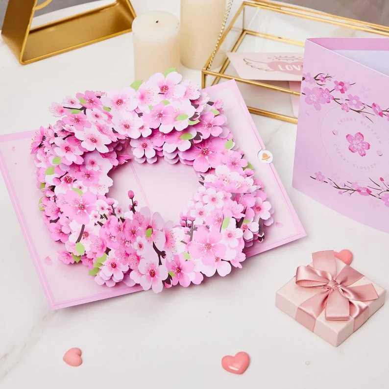 Cherry Blossom Wreath Pop Up Card,3D Popup Greeting Cards,For Mothera's Day, Happy Spring, Valentine's Day, Graduation,Birthday,Wedding Gift