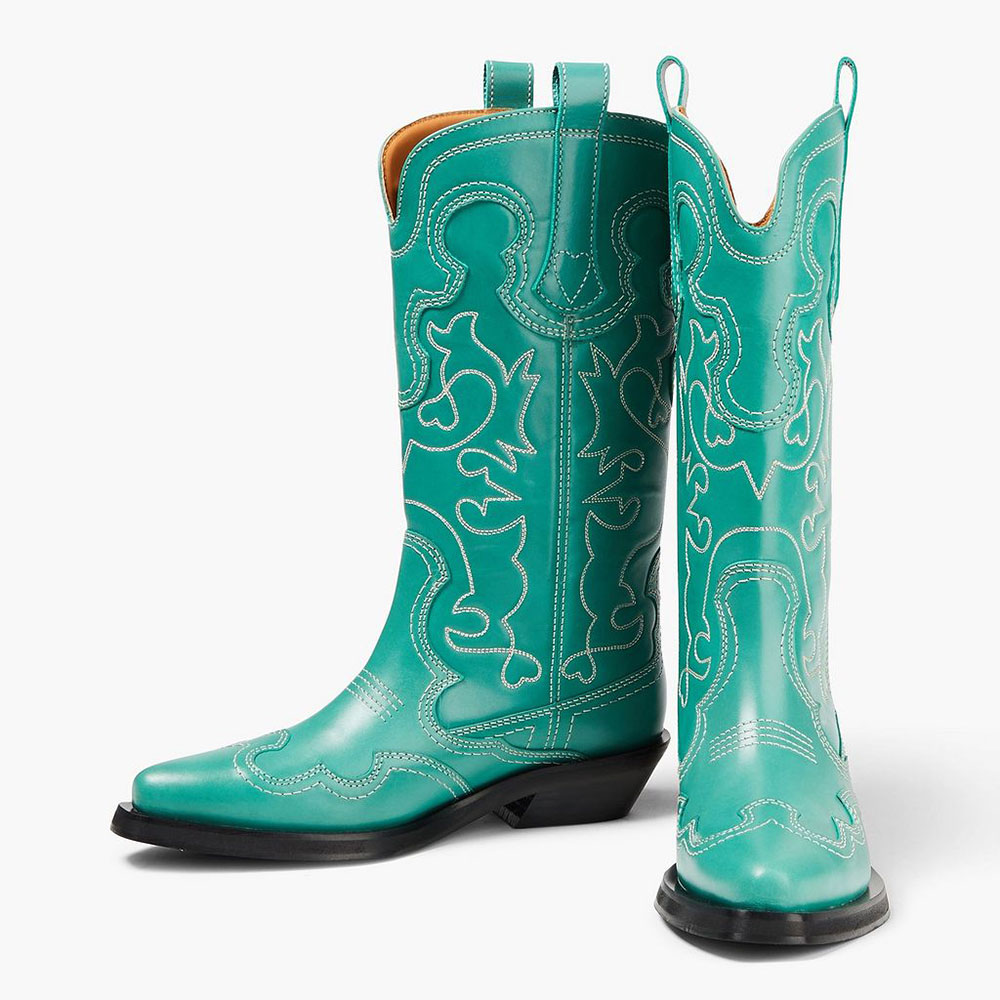 Turquoise Snip Toe Embroidered Wide Calf Western Boots with Chunky Heel Nicepairs