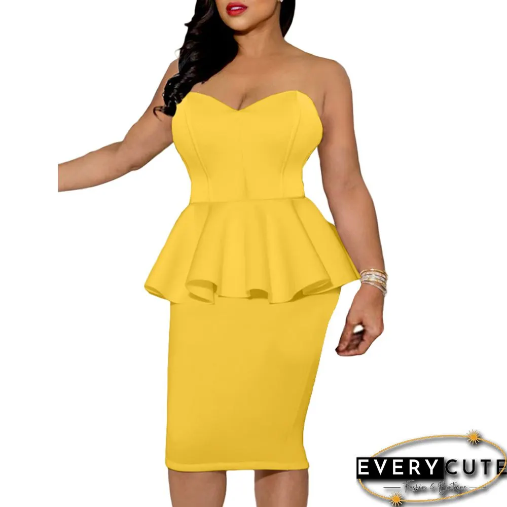 Yellow Ruffle Hem Off Shoulder Office Bodycon Dress