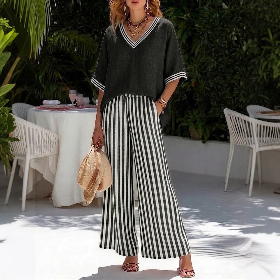 Comstylish Loose V-neck Short-sleeved Top And Striped Wide-leg Pants Two-piece Set