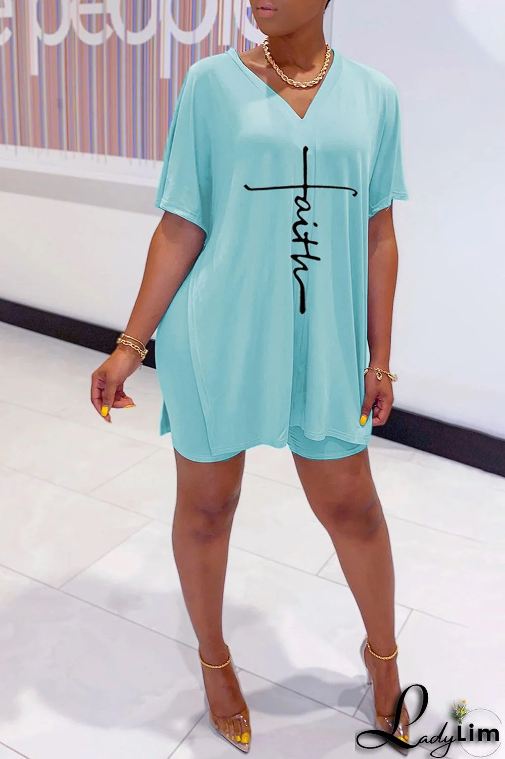 Tangerine Red Casual Print Split Joint V Neck Short Sleeve Two Pieces