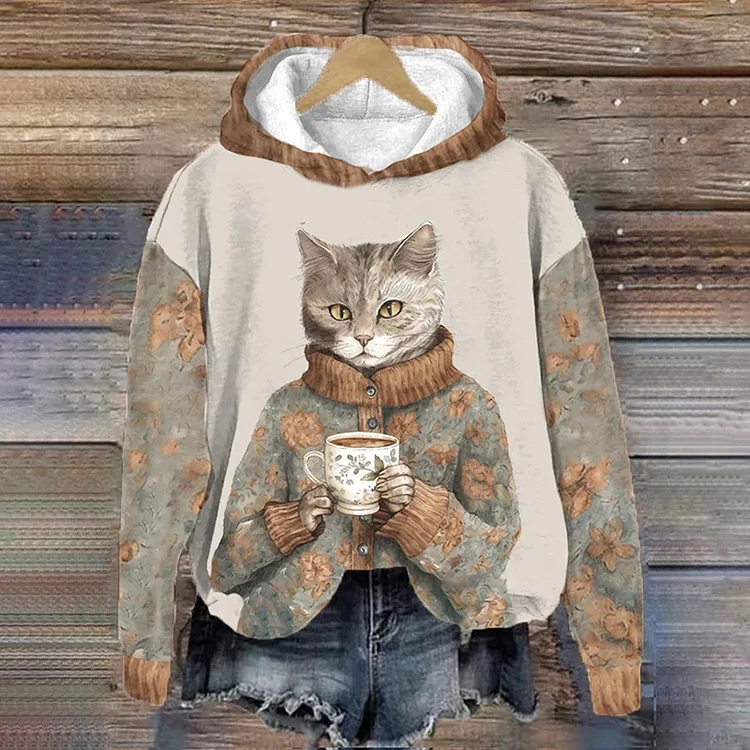 Comstylish Winter Funny Cute Wonderland Clothing Floral Cat Printed Hooded Sweatshirt