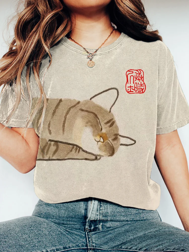 Sleeping Cat Print Short Sleeve T-Shirt