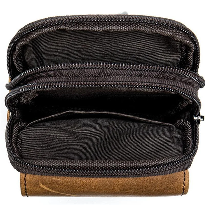 Men's Casual Cowhide Leather Double Zippers Crossbody Packs Waist Bag