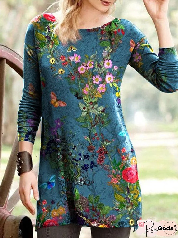Casual Floral Long Sleeve Crew Neck Shirts & Tops