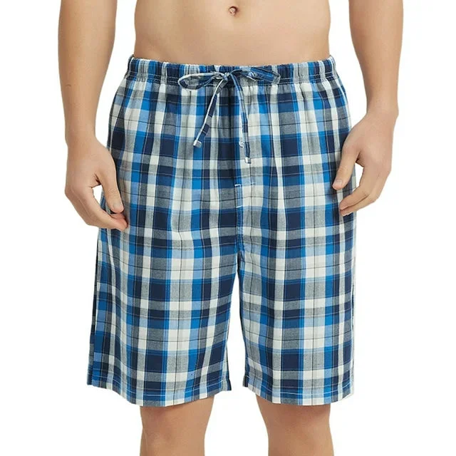 Vulcanodon Mens 100% Cotton Pajama Shorts, Soft Lounge Pajama Pants with Big Pockets for Men Plaid Pj Bottoms(Royal Blue-Plaid, Large)
