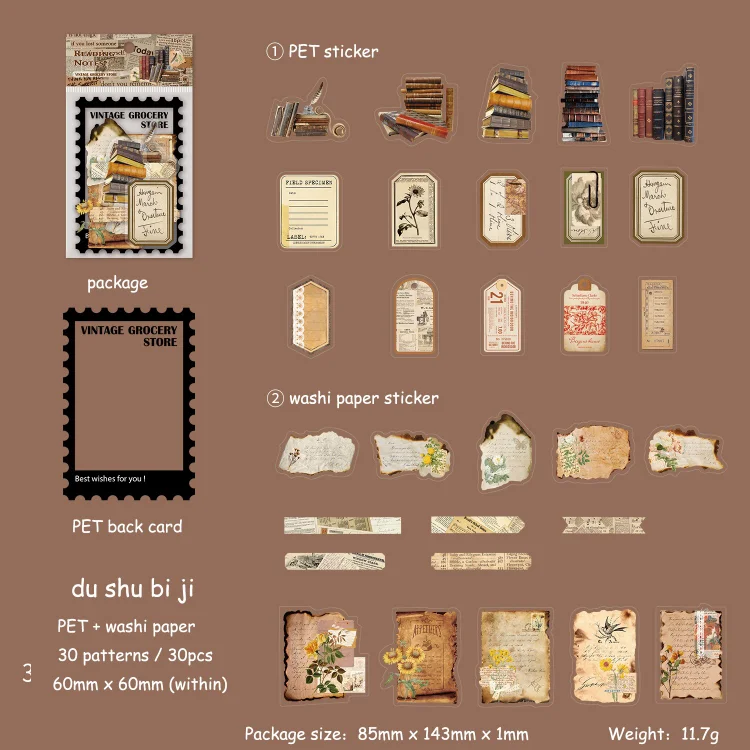 JOURNALSAY30 Sheets Vintage Series Butterfly Material Sticker