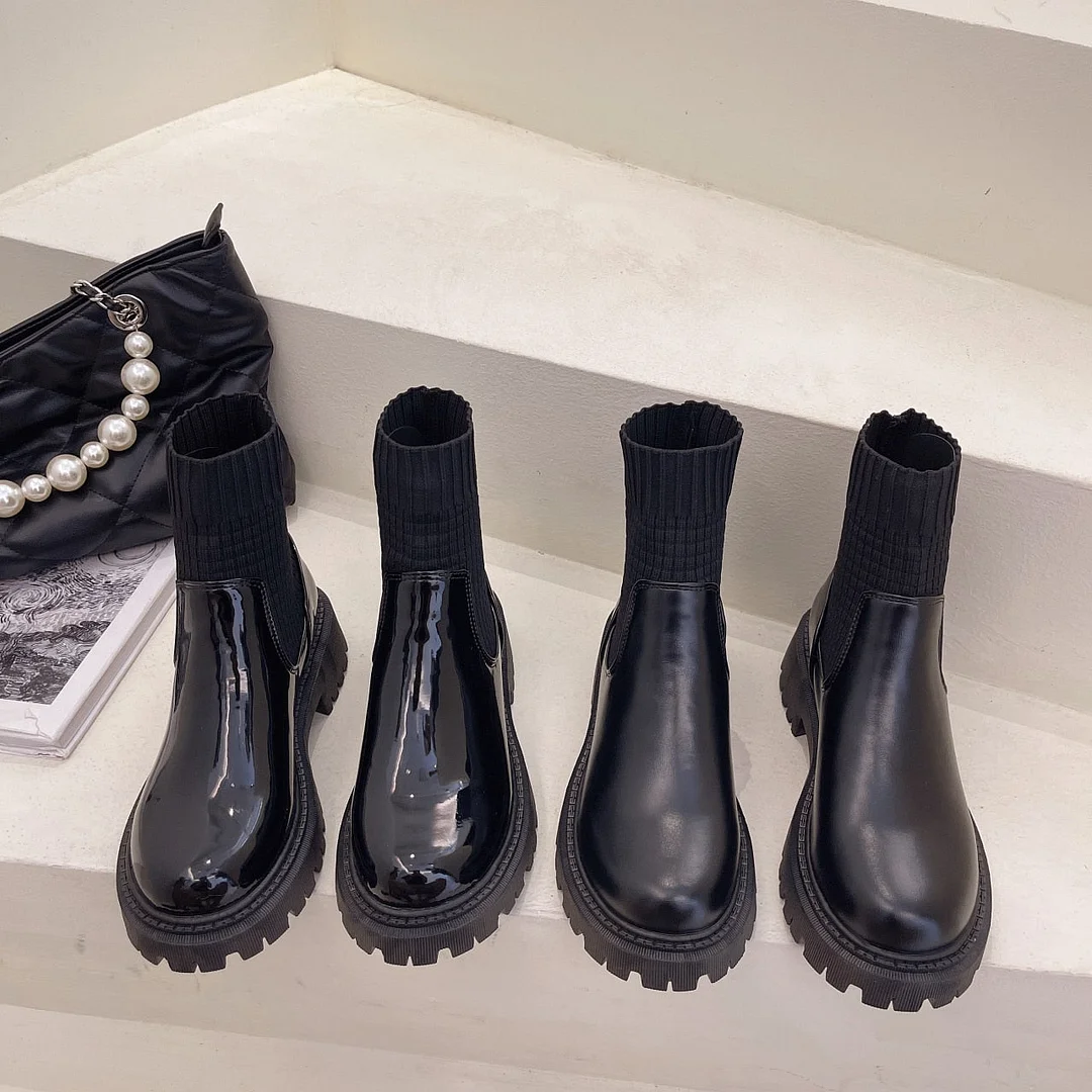 Women's Ankle Boots 2021 Fashion Slip On Black Sock Boots Female Punk Gothic Shoes Ladies Elegant Lolita Low Heels Short Boots