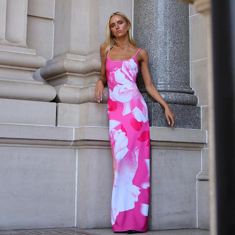 Ootddress Contrast Spaghetti Slim Maxi Dress Female Printed Off-Shoulder Fashion Holiday Beach Dress Patchwork Summer Party Dress