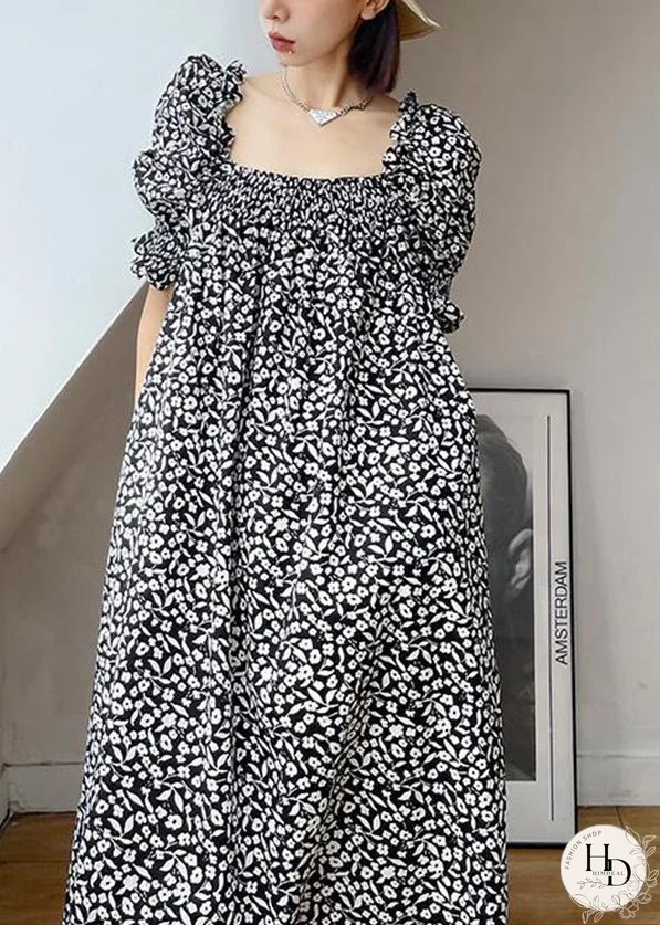 Simple Black Square Collar Print Cotton Vacation Dresses Puff Sleeve