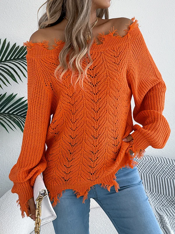 Hollow Knitted Leaves Ribbed Knit See-Through Solid Color Long Sleeves Off-The-Shoulder Sweater Tops