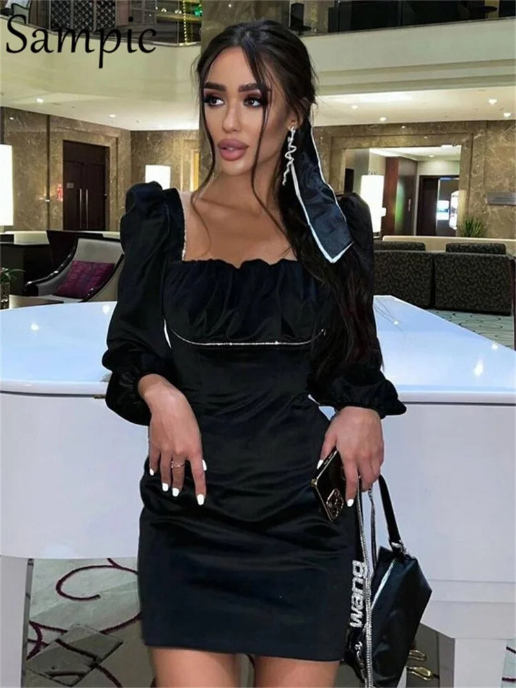 Sampic Square Collar Women Winter Long Puff Sleeve Party Mini Sexy Dress 2021 Autumn Blue Fashion Wrap Short Bodycon Dresses